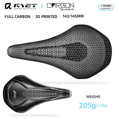 RYET Ultra Full Carbon 3D Printed Bike Saddle — 145mm Lightweight MTB Seat with High Modulus Carbon Fiber Base