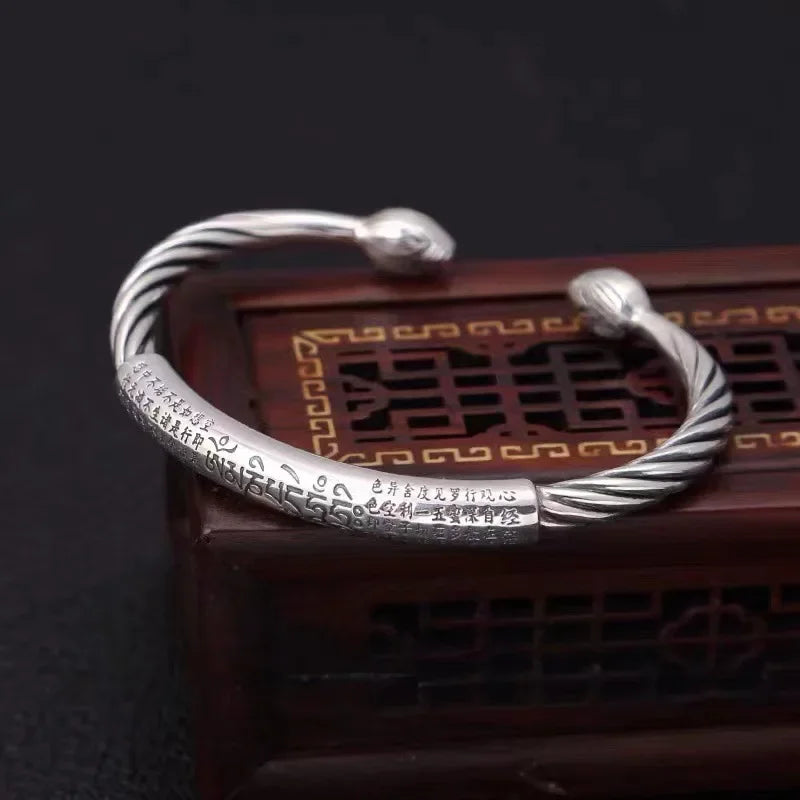Retro Tibetan Six-Character Mantra Bracelet — Silver Plated Lotus Cuff for Men