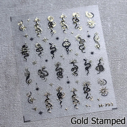 5D Gold Stamped Nail Art Stickers - Silver Sun Stars Snake Chinese Style Self-Adhesive Manicure Decals