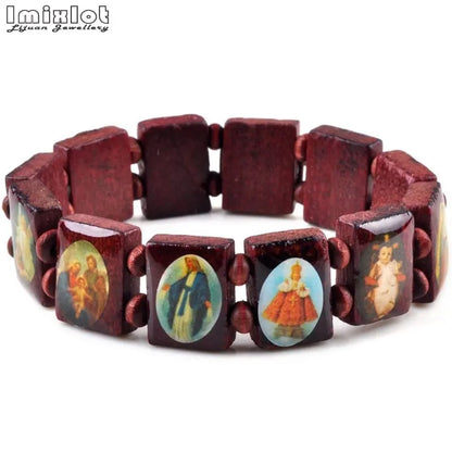 Wooden Rosary Bracelet - Elastic Colored Bead Catholic Prayer Bracelet with Jesus and Saint Design