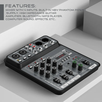 4-Channel Audio Mixer — USB Studio Mixer with 48V Phantom Power & Bluetooth for DJ & Karaoke