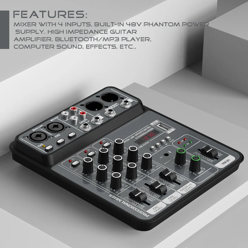 4-Channel Audio Mixer - USB Studio Sound Mixing Console with Bluetooth, 48V Phantom Power & DJ Karaoke Support