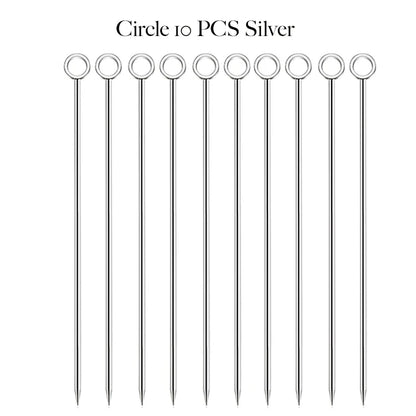 10PCS Stainless Steel Cocktail Picks - Fruit Sticks & Drink Stirring Sticks in Circle, Ball, and Hat Shapes