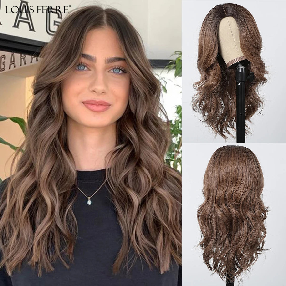 Long Wavy Brown Synthetic Wig for Women – Middle Part, Natural Look, Heat-Resistant Fiber for Daily Wear & Cosplay
