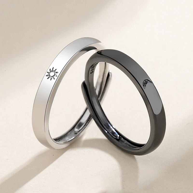 New Silver Couple Rings - Sun & Moon Adjustable Open Ring for Men & Women, Wedding & Fashion Jewelry Gift