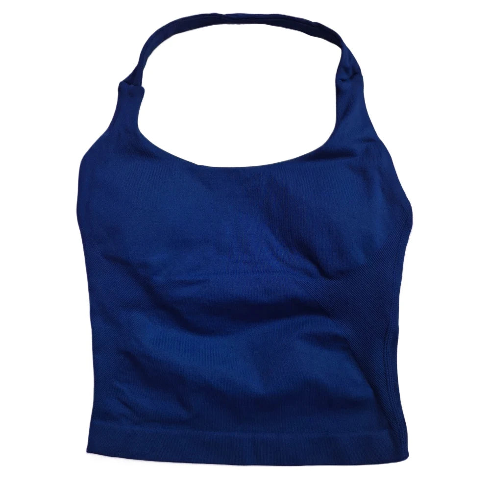 Women’s Strappy Gym Tank Top – Padded Sports Bra Backless Seamless Yoga Crop Top Halter Fitness Vest Activewear