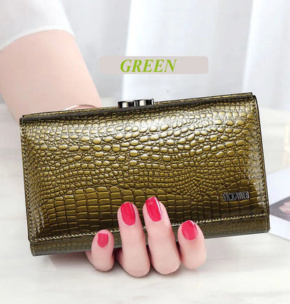 Women’s Genuine Leather Short Wallet – Fashion Alligator Hasp & Zipper Coin Purse AE2155