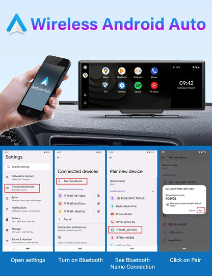 10.26'' 4K Dash Cam Car Mirror Video Player - Wireless CarPlay, Android Auto, GPS, and Rearview Camera Monitor
