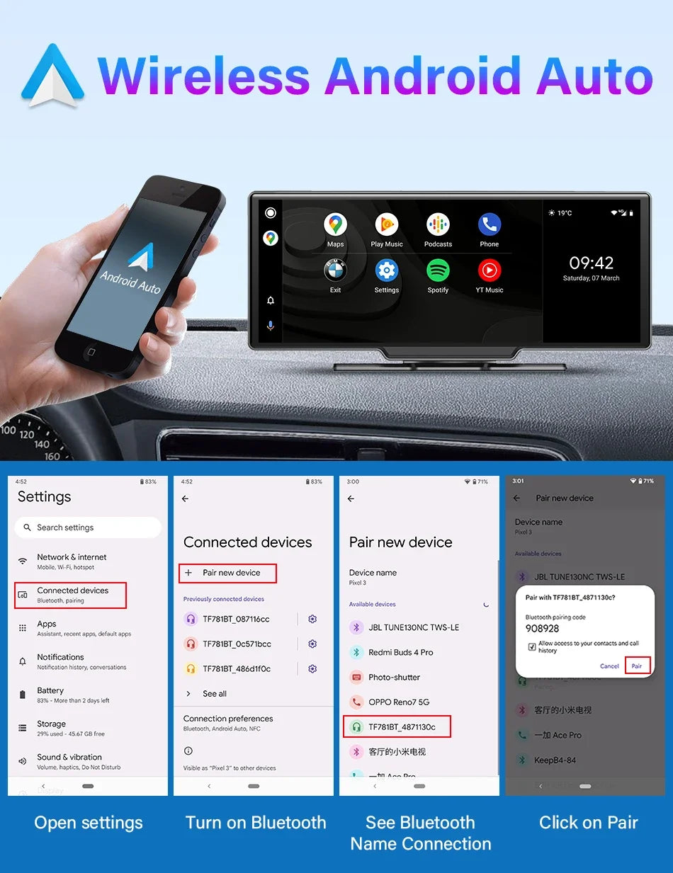 Srnubi 10.26 Inch Dash Cam Rearview Mirror - CarPlay & Android Auto DVR with GPS Navigation, Video Dashboard Monitor