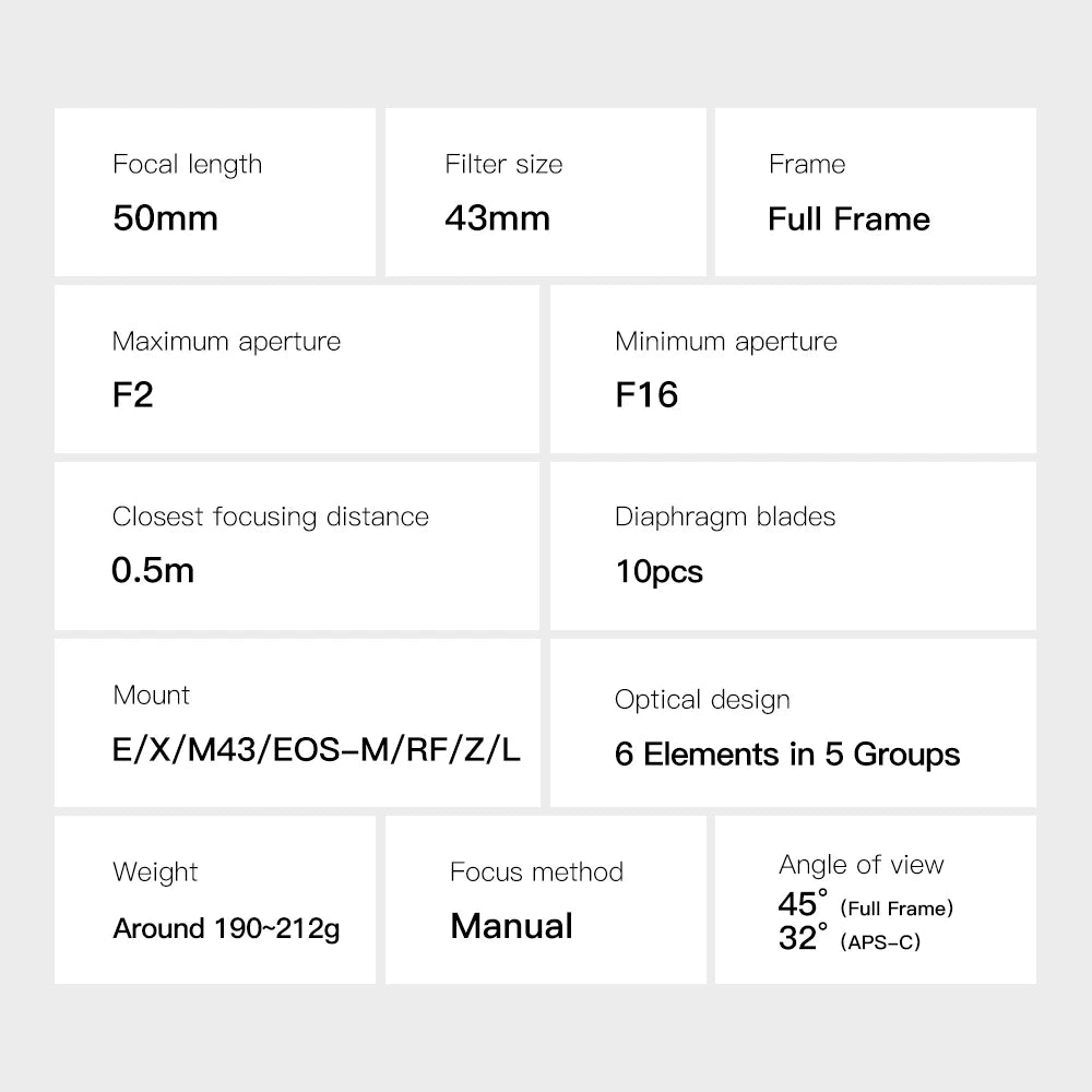 TTArtisan 50mm F2 Full-Frame Manual Focus Lens - Prime Portrait Lens for Sony E, Nikon Z, Fujifilm X, Leica & L-Mount Cameras