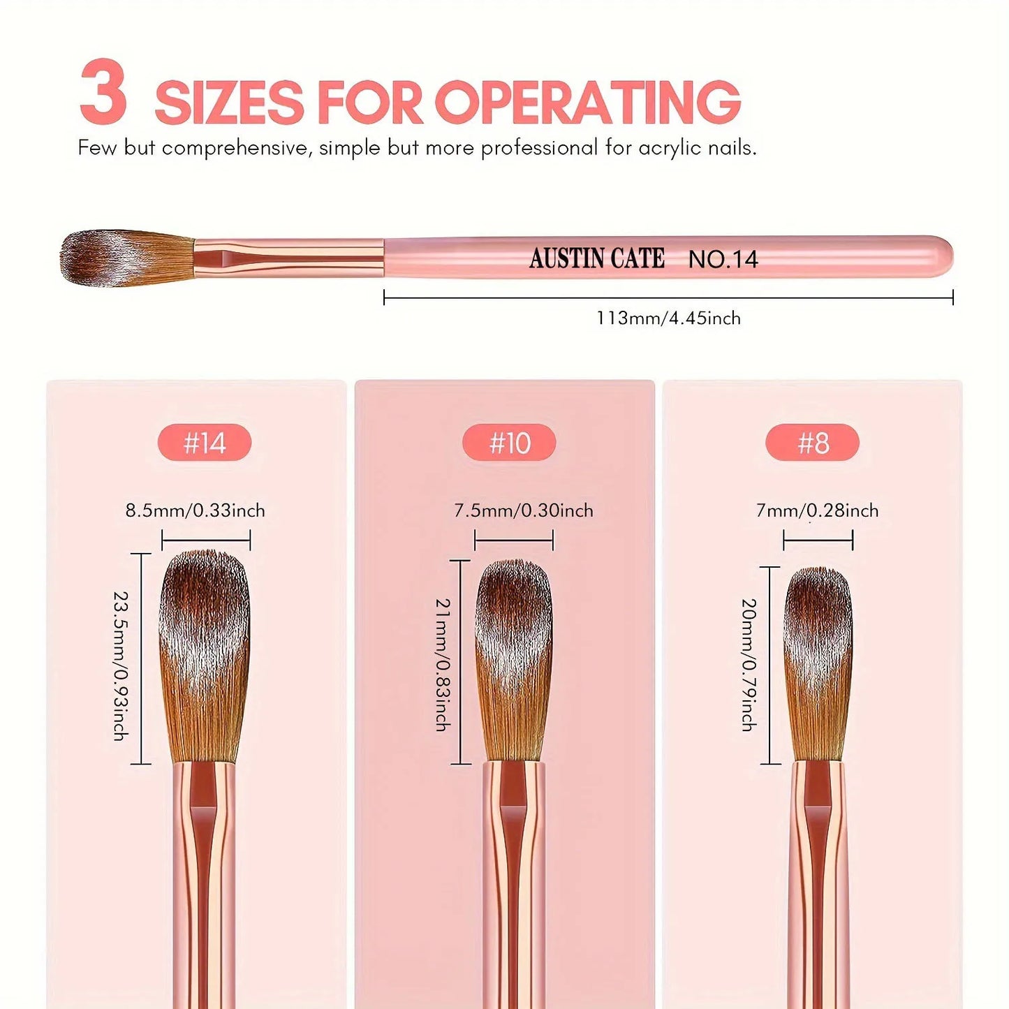 3Pcs Acrylic Nail Brush Set #8/10/14 - Professional Nail Brushes for Acrylic Powder Extensions, 3D Carving & Nail Art Salon Tools