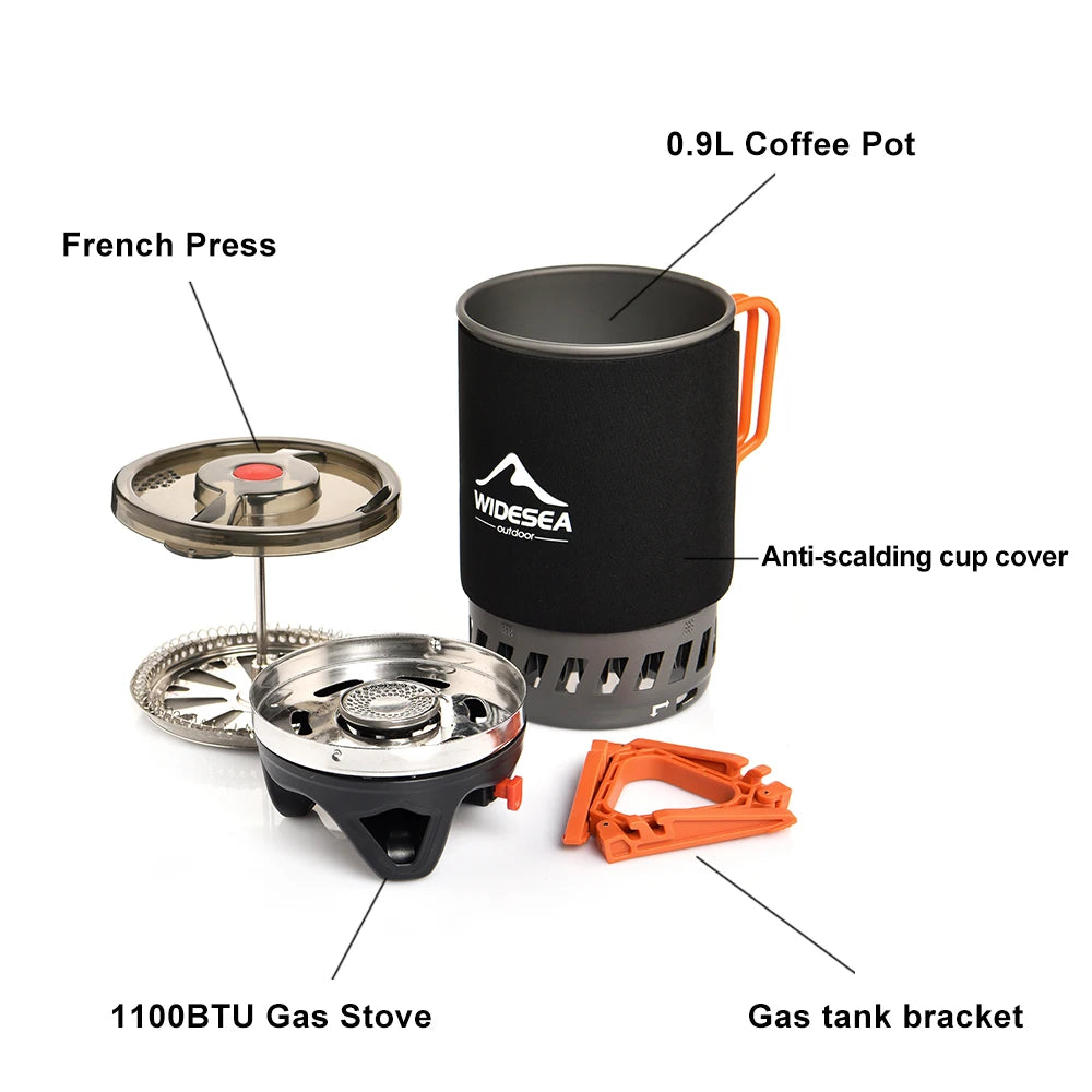 Widesea Camping Cooking System – Gas Stove Burner with Heat Exchanger, Coffee Pot & Cookware for Outdoor Tourism