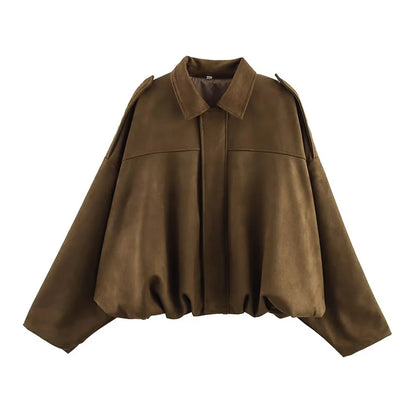 Women's Vintage Bomber Jacket Coat – Turn-Down Collar Long Sleeve Loose Fit Chic Fashion Outerwear