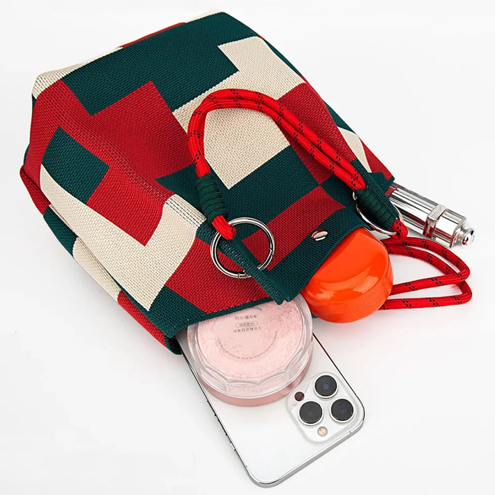 Women’s Color Block Knit Tote Bag – Bucket Style Storage Bag with Adjustable Straps, Metal Rings, Snap Closure for Casual Travel
