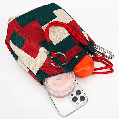 Women’s Color Block Knit Tote Bag – Bucket Style Storage Bag with Adjustable Straps, Metal Rings, Snap Closure for Casual Travel
