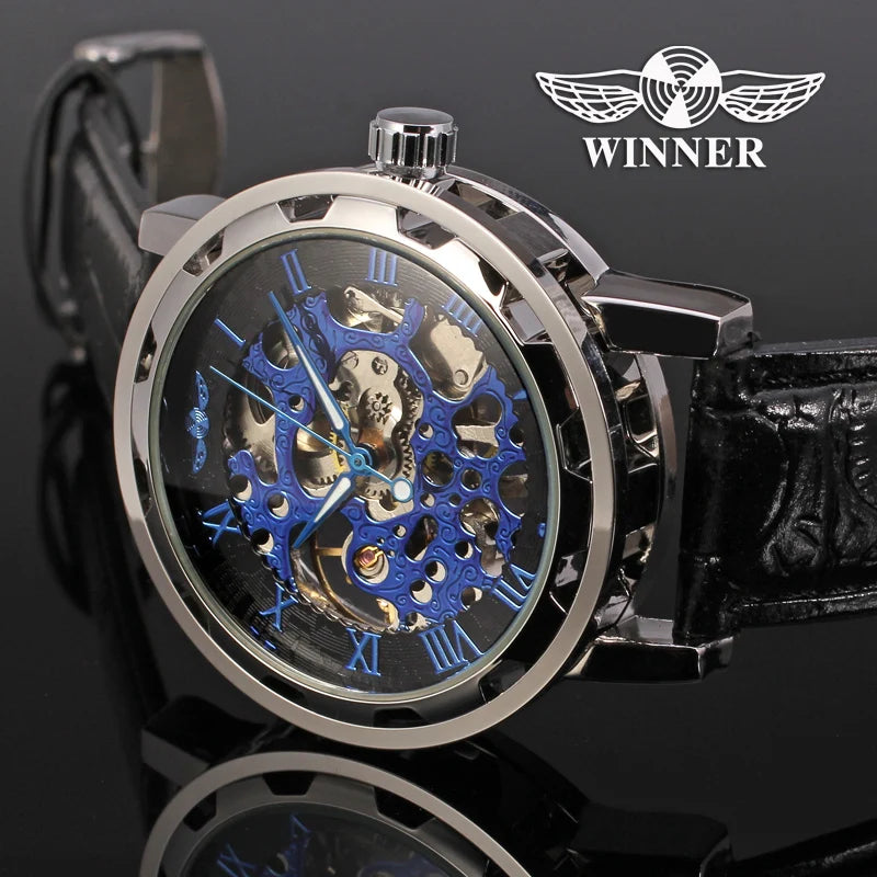 T-Winner Classic Skeleton Watch – Mechanical Hand-Wind Wristwatch with PU Leather Strap for Men & Women