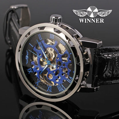 T-Winner Classic Skeleton Watch – Mechanical Hand-Wind Wristwatch with PU Leather Strap for Men & Women