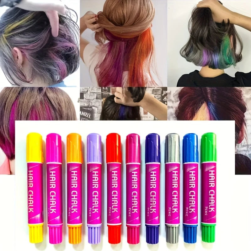 10-Piece Hair Chalk Pen Set – Temporary Washable Non-Toxic Hair Color for Festivals, Halloween & Parties