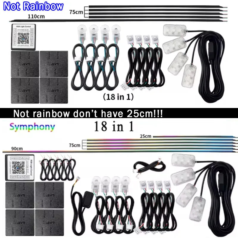 6/10/14/18-in-1 LED Car Ambient Lights – RGB 213 64-Color Acrylic Strips, Rainbow Symphony Streamer Interior Atmosphere Lamp Kit