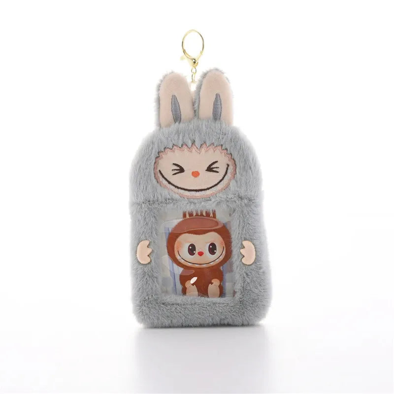 Kawaii Labubu Fluffy ID Card Keychain – Cartoon Sliding Card Holder for Students, Meal & Bus Cards, Cute Photo Album Gift for Kids