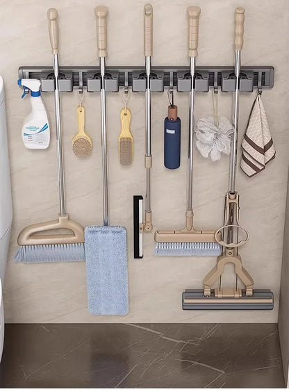Wall-Mounted Mop & Broom Organizer — Strong Mop Holder Rack with 5 Hooks for Hanging Brooms and Cleaning Tools