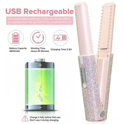 2-in-1 Wireless Hair Straightener & Curler – USB Rechargeable Diamond Design Styling Brush for Travel & Home