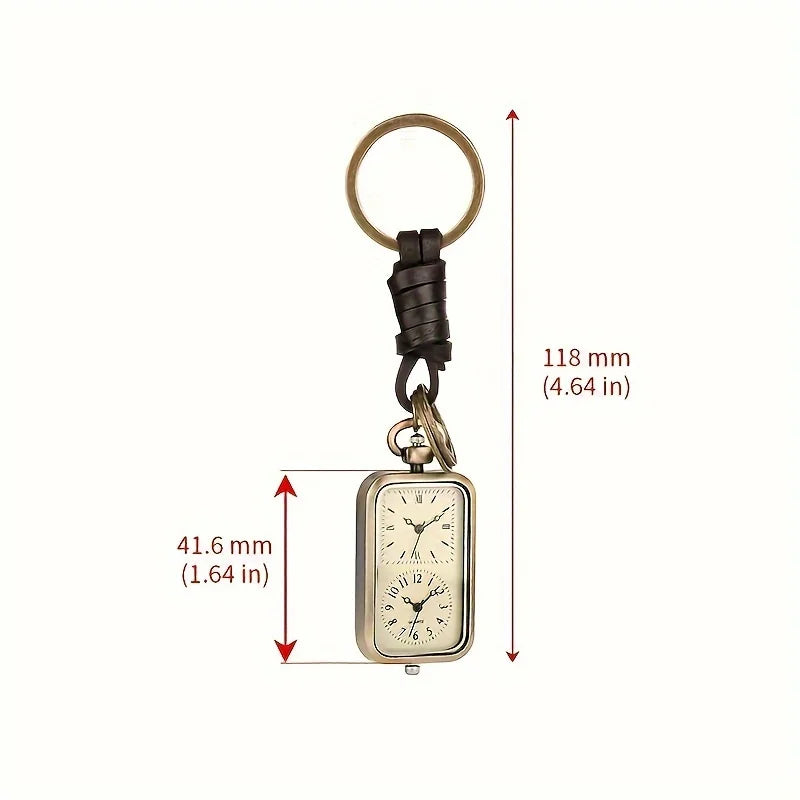 Bronze Square Pocket Watch Keychain - Vintage Double-Movement Quartz Pendant Watch with Antique Style
