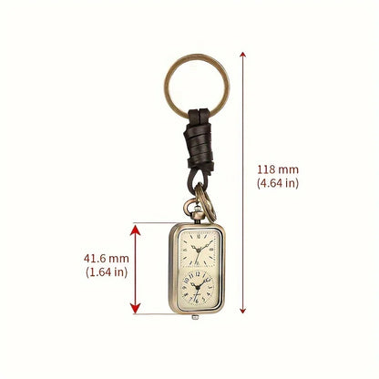 Bronze Square Pocket Watch Keychain - Vintage Double-Movement Quartz Pendant Watch with Antique Style