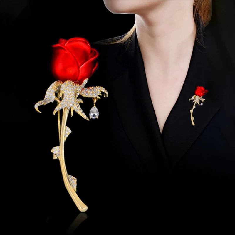 Red Rose Tulip Brooch Pin - Ladies Fashion Light Luxury Flower Design, Elegant Dress Suit Badge Accessory