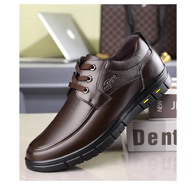 Men's Genuine Leather Casual Shoes - Soft Sole Lace-Up Loafers, Luxury Brand for Middle-Aged & Older Adults, Lightweight Dad Shoes