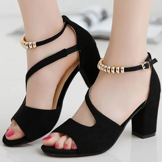 Women’s Spring Summer Sexy Fish Mouth Roman Sandals – Hollow Beaded High Heel Thick Sole Summer Shoes