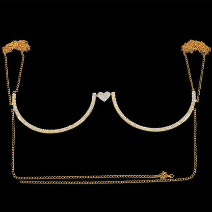 Women’s Heart Rhinestone Body Chain Bra – Chest Jewelry Bikini Halter Top with Breast Support for Parties & Banquets