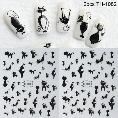 2PCS 3D Black Cat Nail Stickers - Cute Cartoon Self-Adhesive Nail Art Decals for Manicure