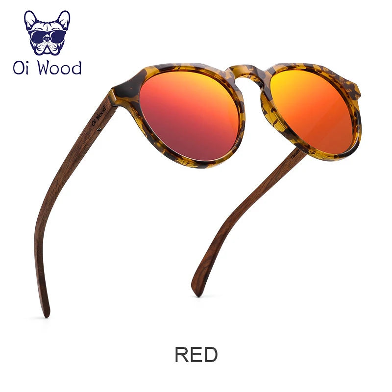 Oi Wood Round Sunglasses — Walnut Wood Frames with Red Lens & Tortoise Shell Design for Men & Women