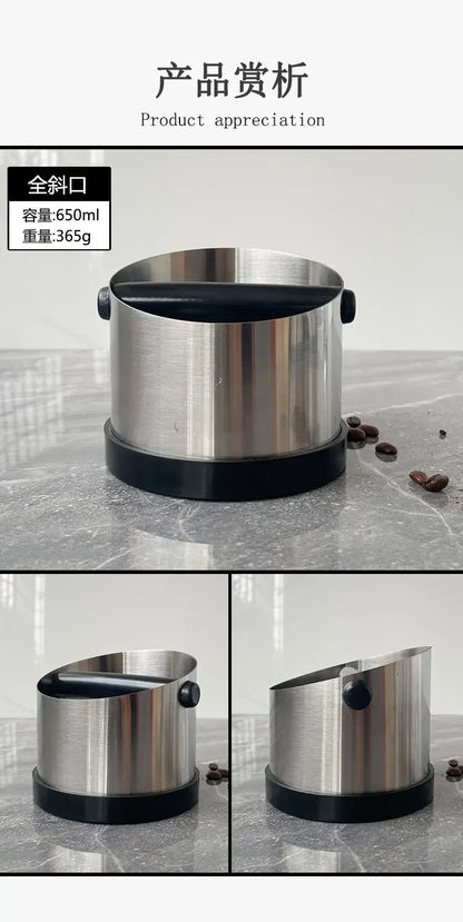 Stainless Steel Coffee Knock Box – Non-Slip Espresso Ground Bin with Rubber Ring and Beveled Design