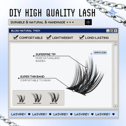 Lasvirey DIY Cluster Lashes Kit – 4-in-1 Fluffy Eyelash Extension Set with Lash Bond & Seal, Mixed Full Individual Lash Clusters