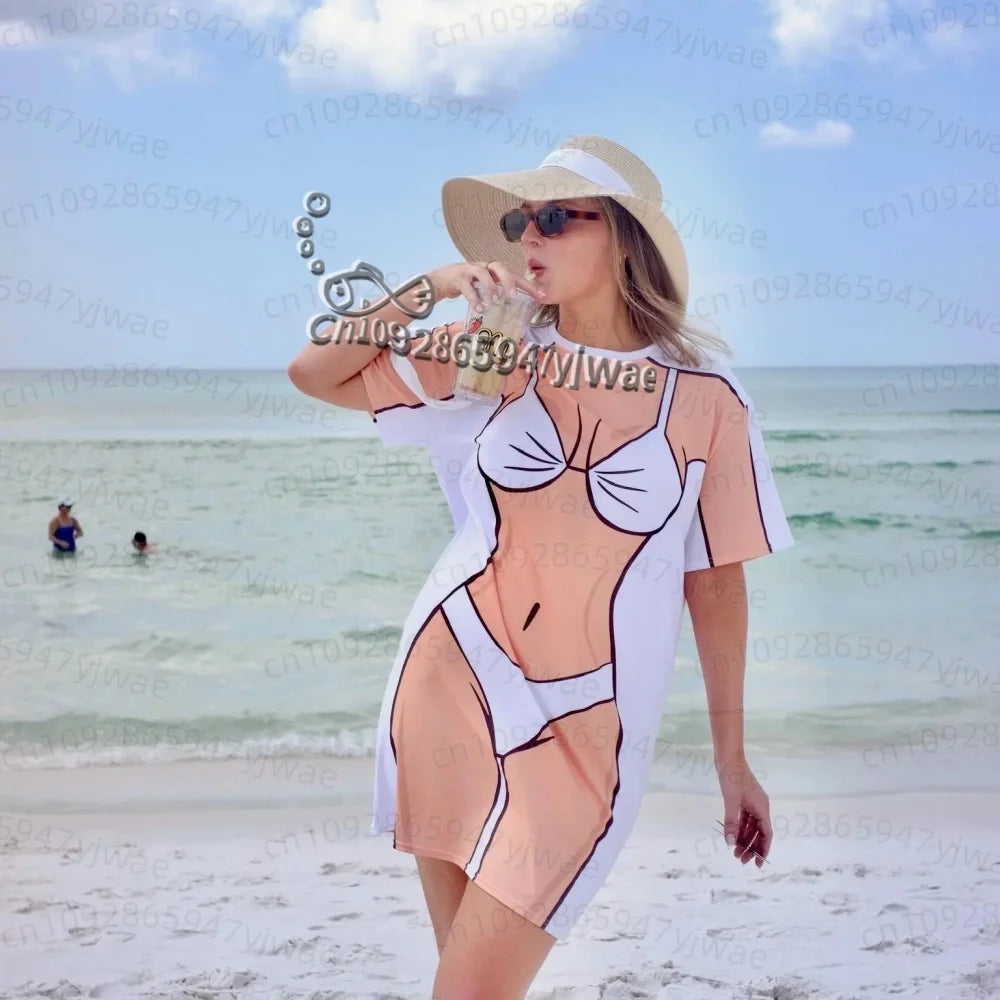 Women's 3D Bikini Print T-Shirt Dress - Casual Short Sleeve Summer Sleep & Home Dress