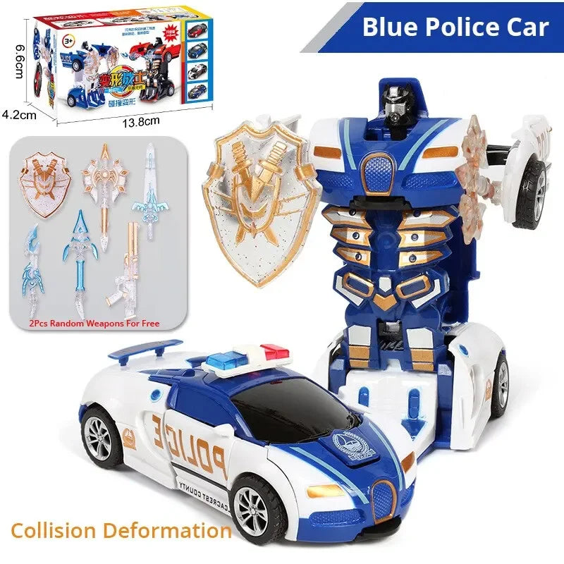 Blue Children's Police Car Toy – One-Button Deformation Car, Inertia Impact for Boys