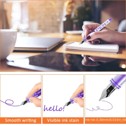 8PCS Disposable Fine Nib Fountain Pens - Assorted Colors Smooth Writing EF Nib with Visible Ink Supply