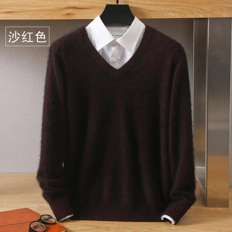 Men’s 100% Pure Mink Cashmere Sweater – V-Neck Knit Pullover, Long Sleeve Winter Jumper, Large Size High-End Top