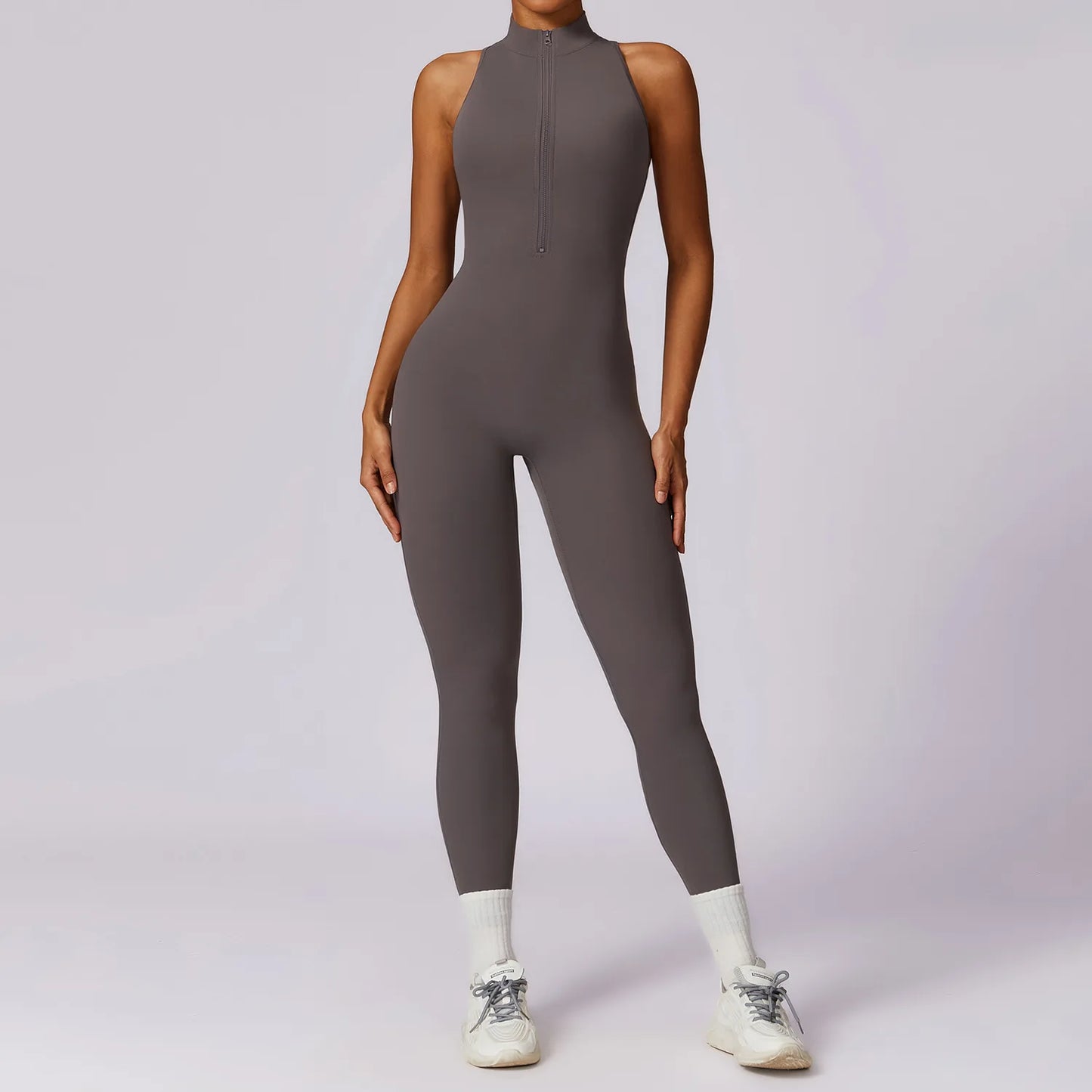 Women’s V-Back One-Piece Sports Jumpsuit — Sleeveless Yoga Romper with Zipper Workout Bodysuit