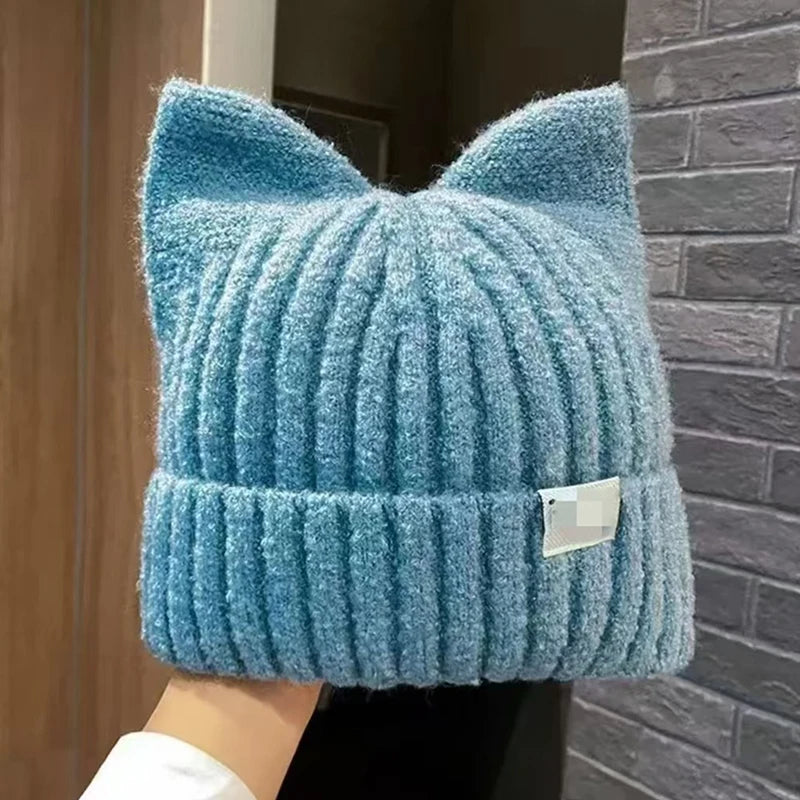Cute Cat Ears Beanie for Women – Warm Autumn Winter Knitted Hat, Sweet Ear Protection Pullover