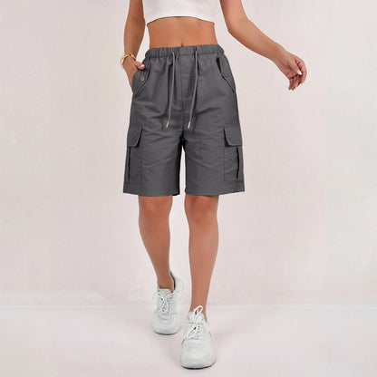 Women’s High-Waisted Cargo Shorts - Loose Straight-Leg Drawstring Sports Shorts with Multiple Pockets