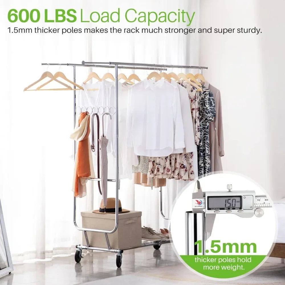 Double Clothing Garment Rack with Shelves – Rolling Clothes Rack on Wheels, 600LBS Capacity for Hanging Clothes