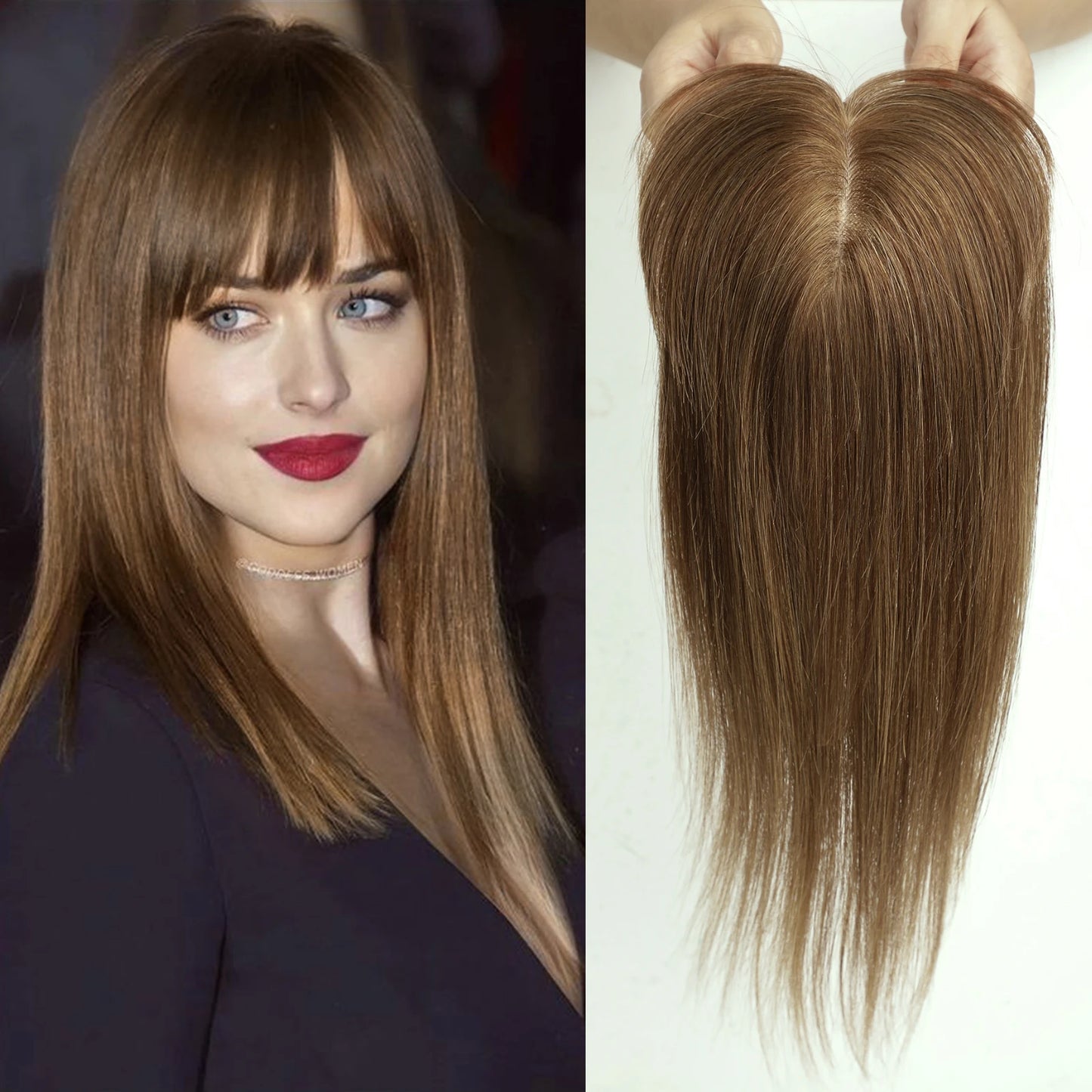 Ombre Brown Blonde Remy Human Hair Topper – 14 Inch Silk Base Clip-In Wig with Bangs for Women