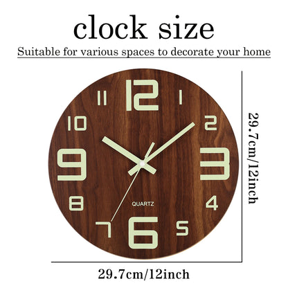 12-Inch Luminous Wall Clock — Nordic Wooden Silent Clock with Night Light, Non-Ticking Design for Dark Room