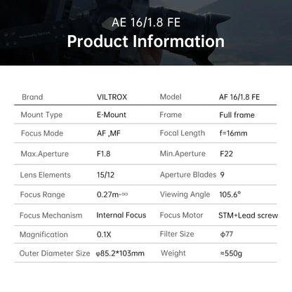 Viltrox AF 16mm F1.8 FE Lens – Full Frame Wide-Angle Fisheye for Sony E ZVE10, A7IV, A7SIII Mirrorless Cameras