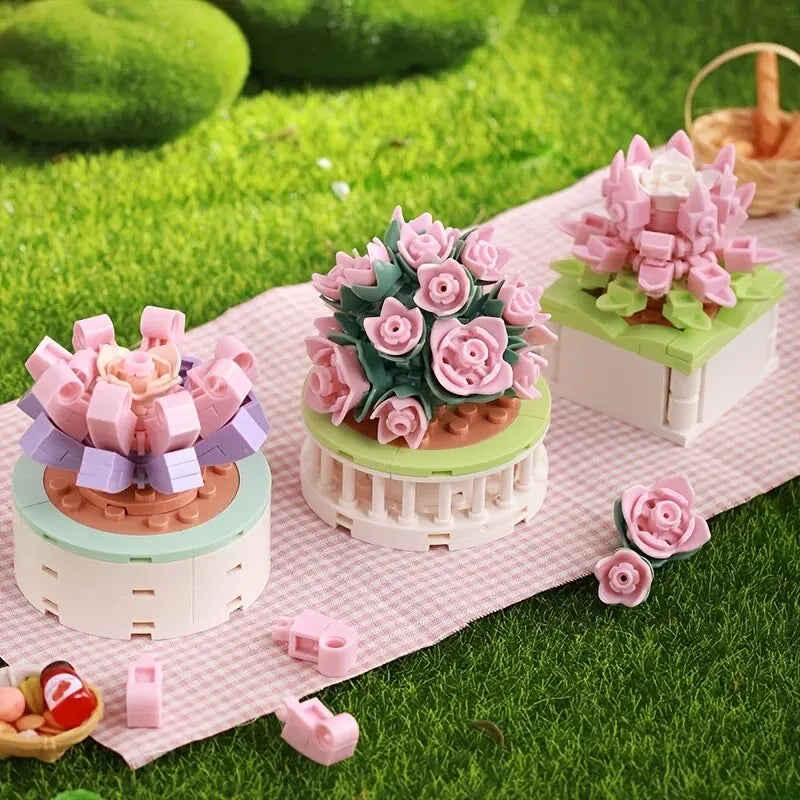 Bouquet Moc Block Flower Succulents Bonsai Potted Building Blocks - Romantic Assembly Kit Bricks Toys for Kids - Christmas Gift for Girls