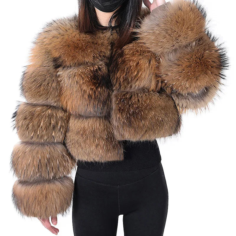 2025 Maomaokong Women’s Real Fur Coat – Natural Raccoon & Fox Fur Jacket with Hood, Warm Winter Outerwear