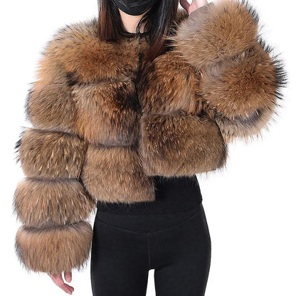 2025 Maomaokong Women’s Real Fur Coat – Natural Raccoon & Fox Fur Jacket with Hood, Warm Winter Outerwear